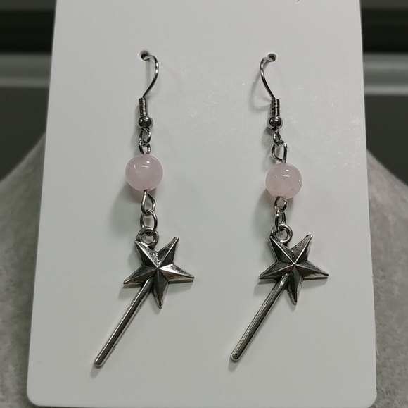 Magic Wand Earrings Natural Rose Quartz Gemstone Crystal Bead Stainless-Steel - Picture 3 of 12